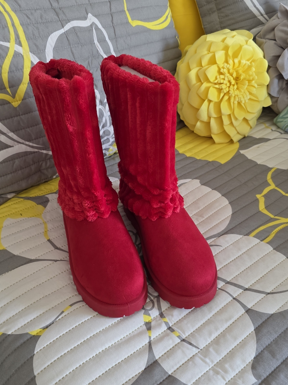 Bright Red Faux-Fur Mid-Calf Boots